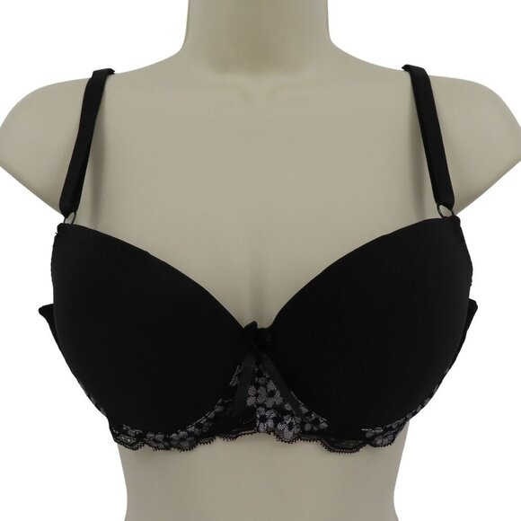 Mamia 36B Bra Style BR41919PLU1 Solid Black Underwire Padded Floral Lace Bow - Picture 1 of 13